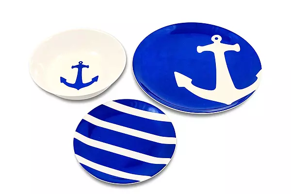 Camco Blue and White Nautical Design 12 Piece Dishware Set- Includes Marine Style Plates and Bowls | Perfect Boating