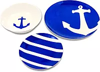 Camco Blue and White Nautical Design 12 Piece Dishware Set- Includes Marine Style Plates and Bowls | Perfect Boating