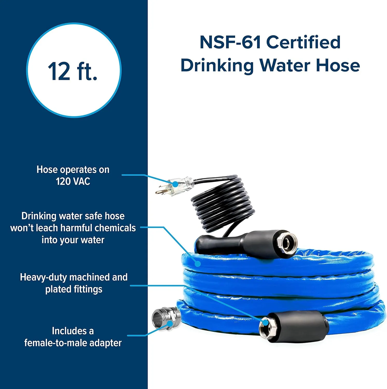 Camco 12-Foot Heated Drinking Water Hose - Freeze Protection to -40°F (22920)