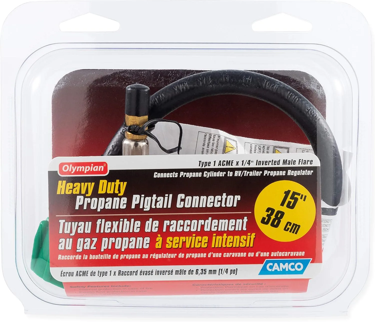 Camco Pigtail Propane Hose Connector with ACME Nut & 1/4" Inverted Male Flare, Thermal & Excess Flow Protection