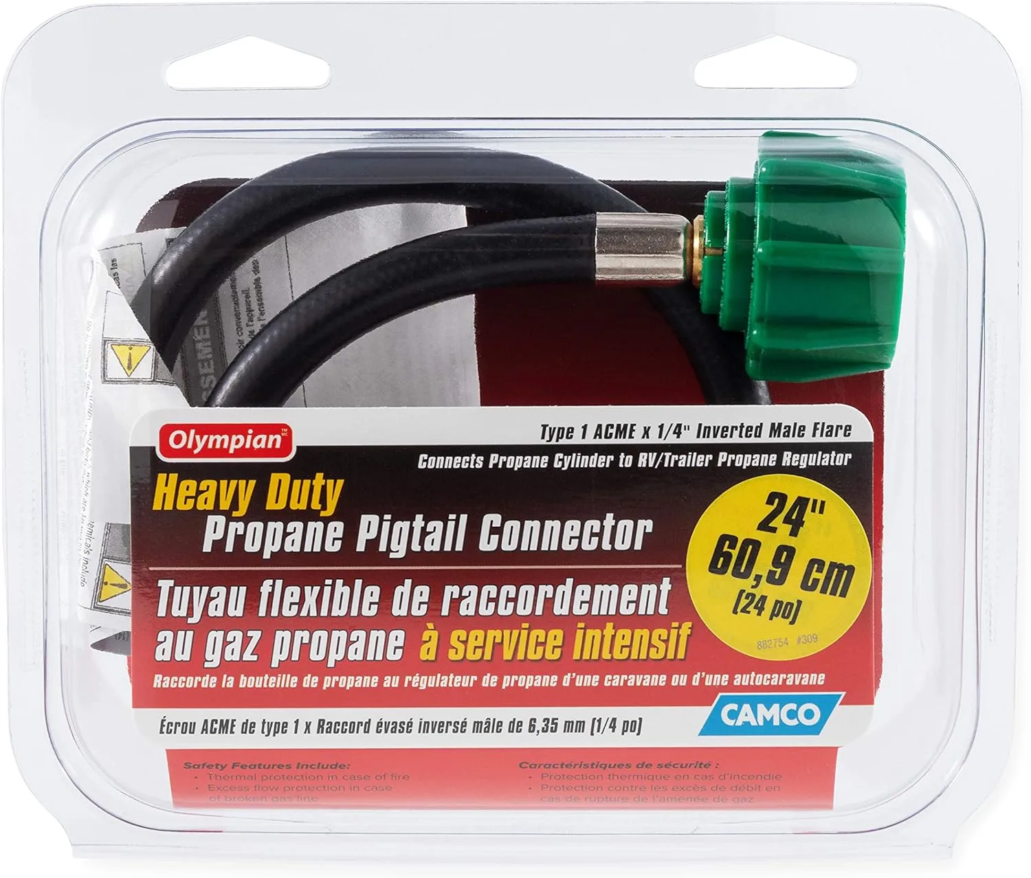 Camco Pigtail Propane Hose Connector with ACME Nut & 1/4" Inverted Male Flare, Thermal & Excess Flow Protection