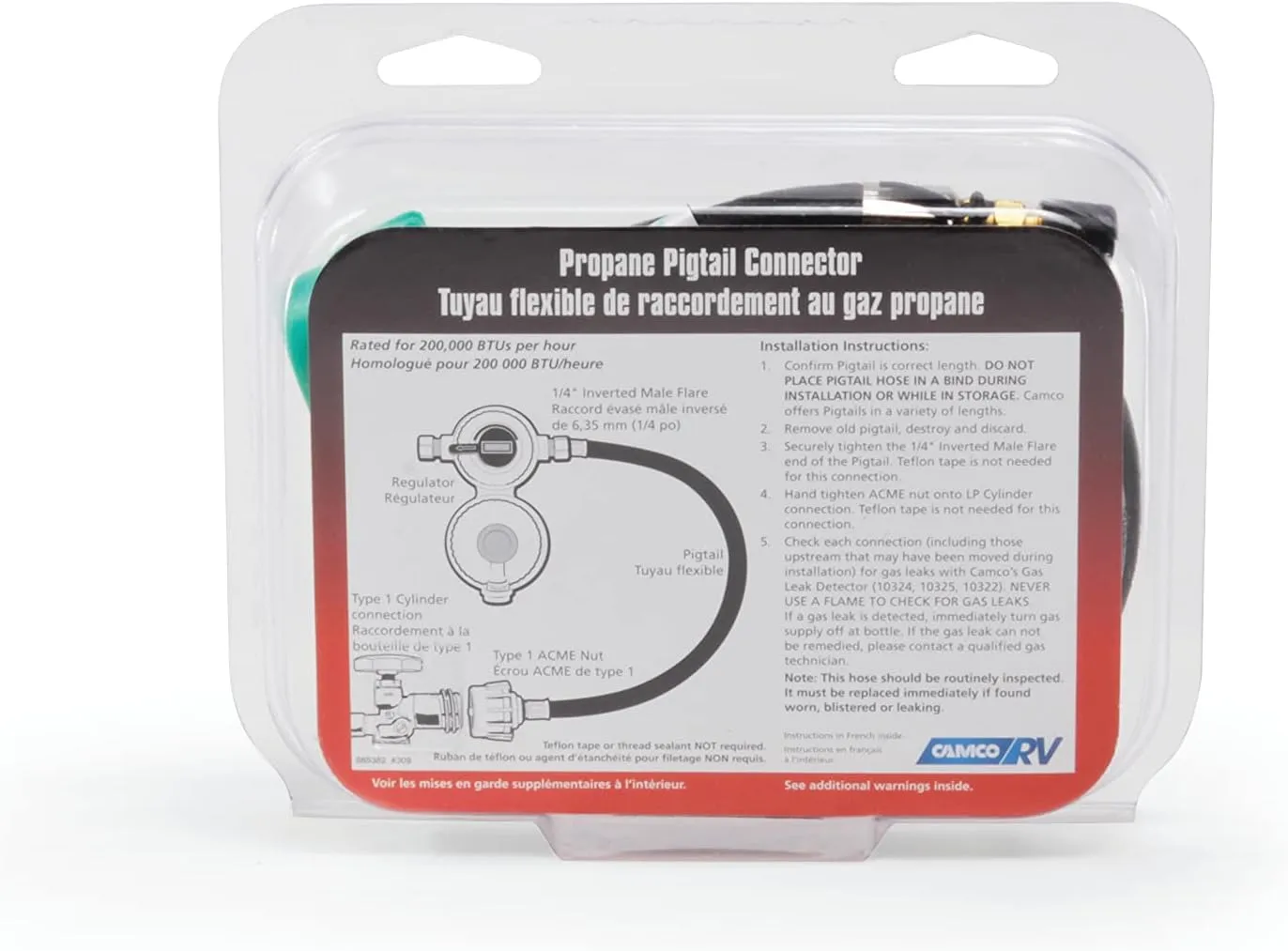 Camco Pigtail Propane Hose Connector with ACME Nut & 1/4" Inverted Male Flare, Thermal & Excess Flow Protection