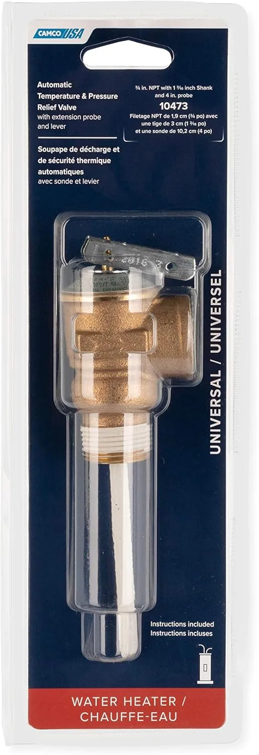Camco Automatic Temperature and Pressure Relief Valve with Extension Probe and Lever (10473)