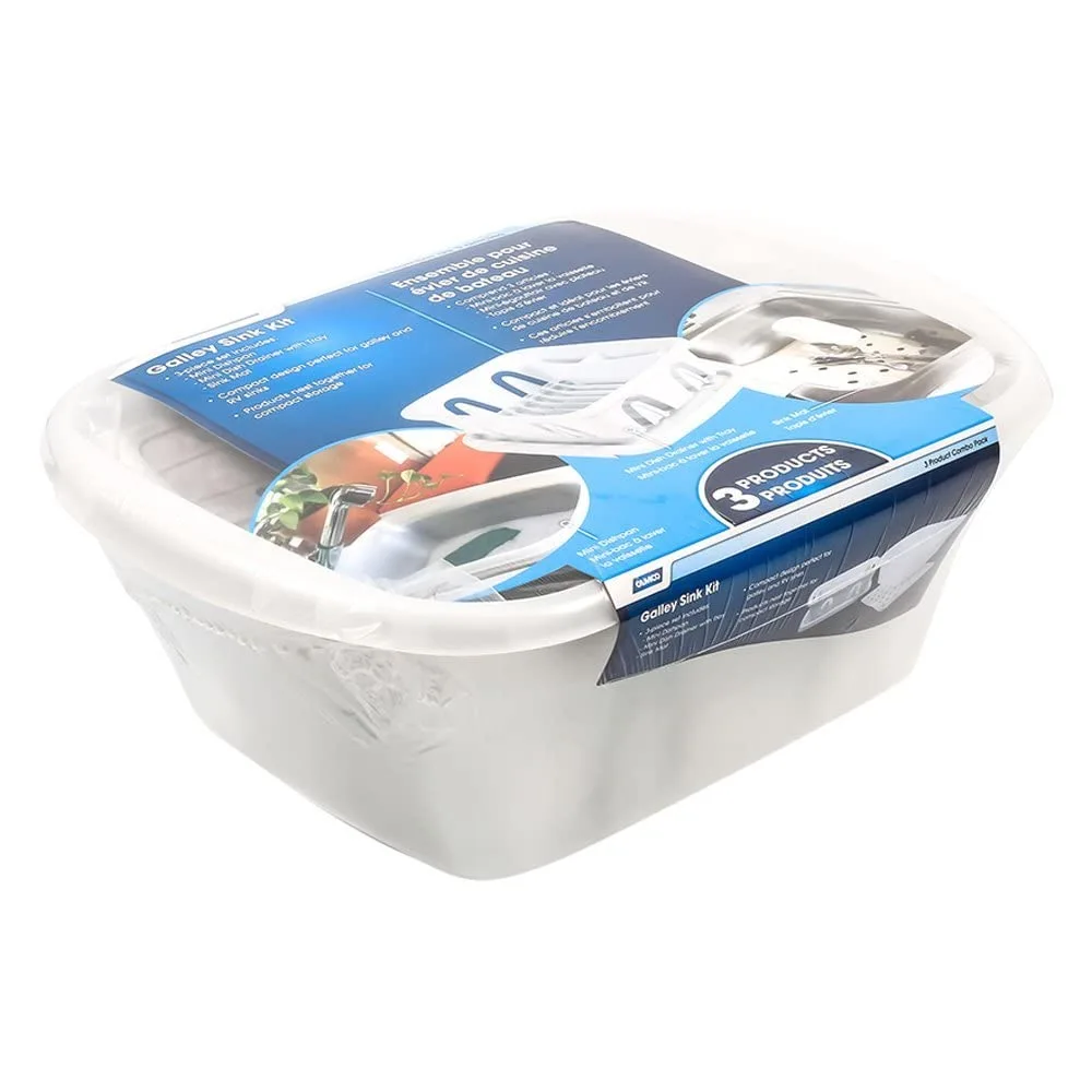 Camco 43517 White Sink Kit with Dish Drainer, Dish Pan and Sink Mat,Pack of 1