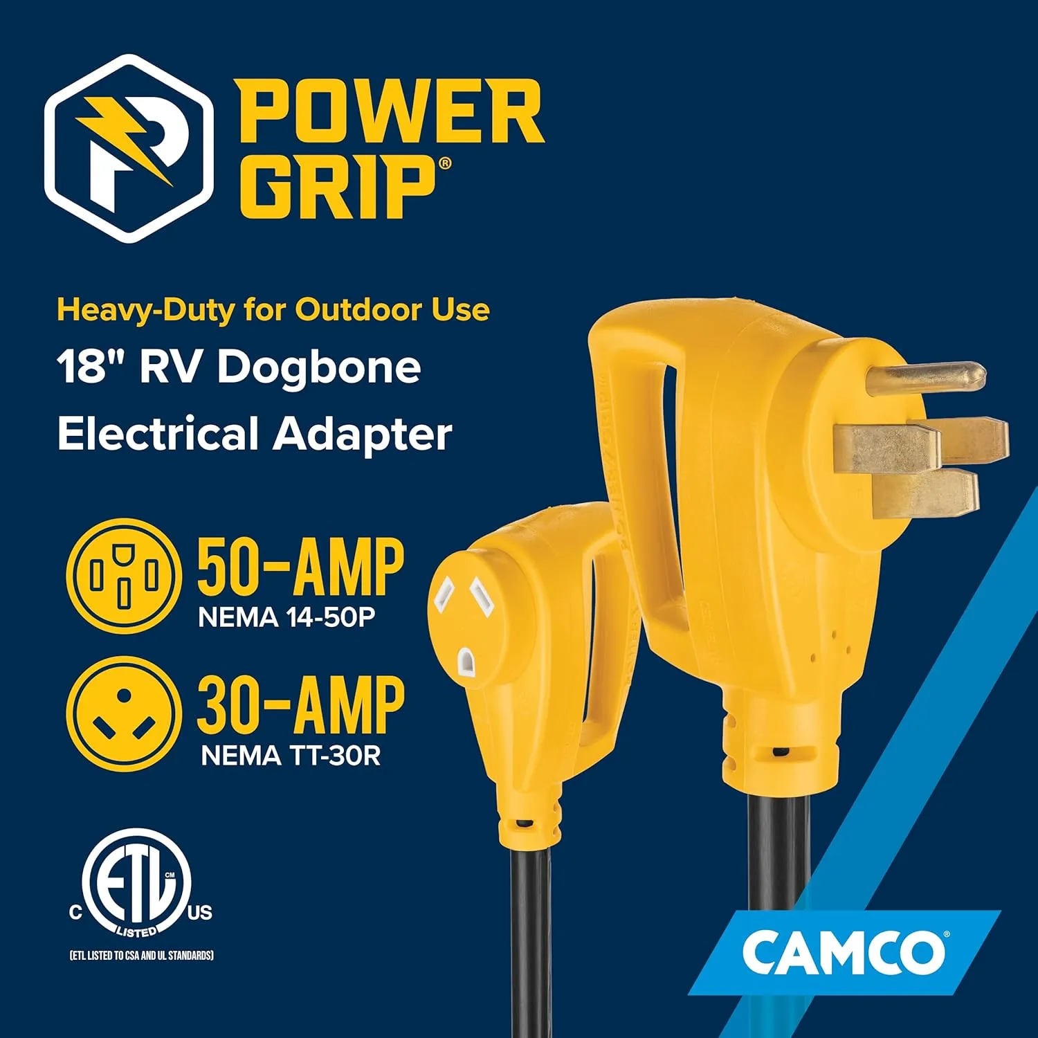 Camco PowerGrip 18" 50 Amp to 30 Amp Dogbone RV Adapter (55175)