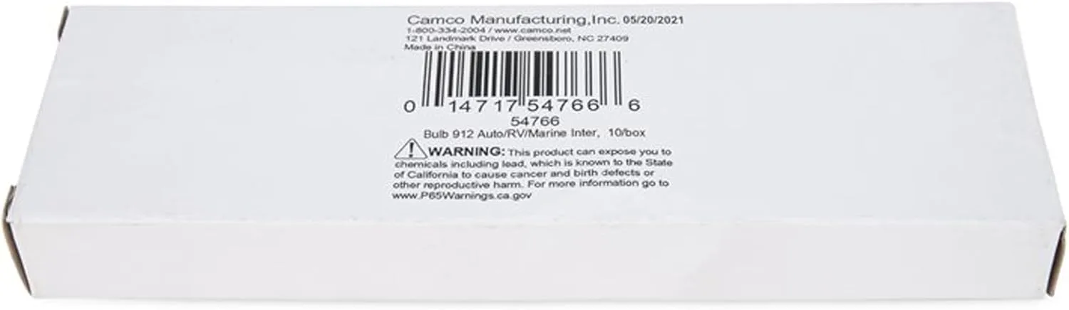 Camco 54766 912 Auto/RV/Marine Replacement Interior Light Bulb - Box of 10
