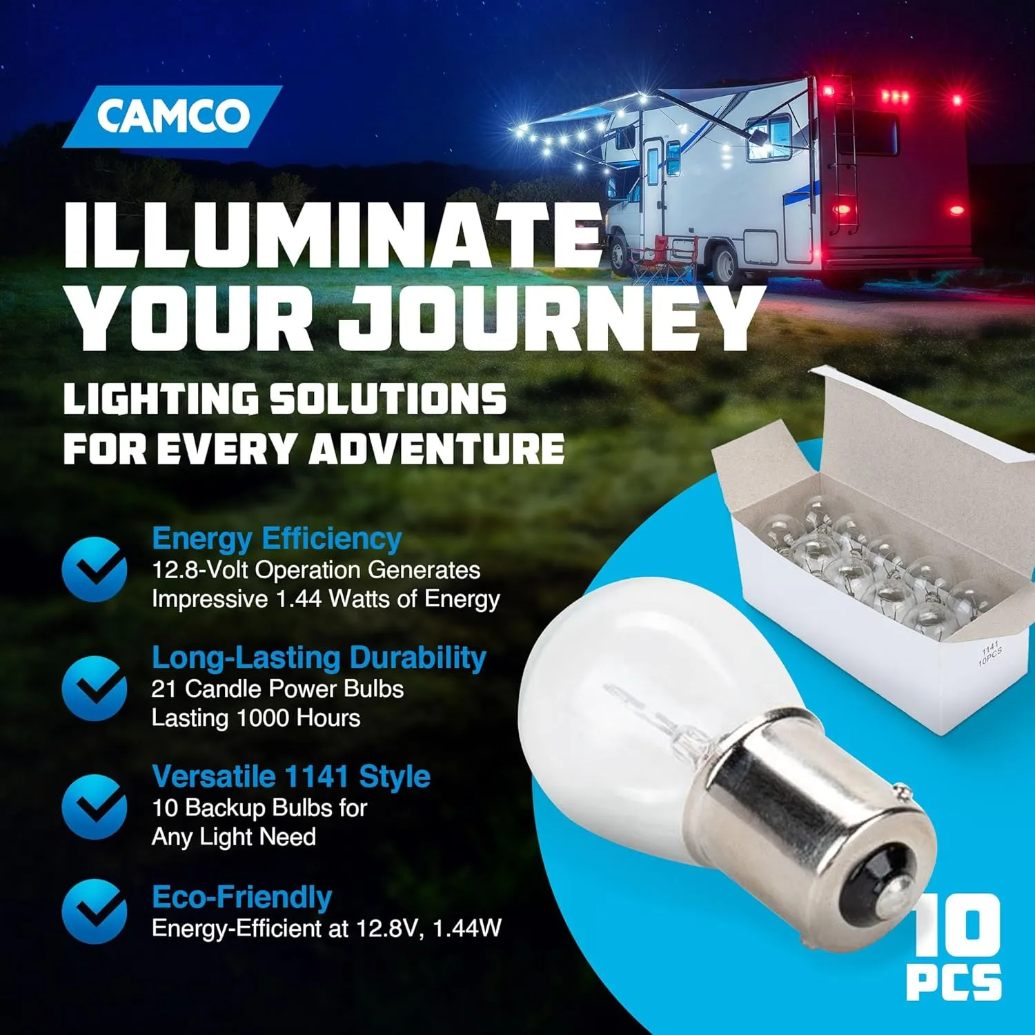 Camco 54788 Replacement 1141 Auto/RV Backup Light Bulb - Box of 10