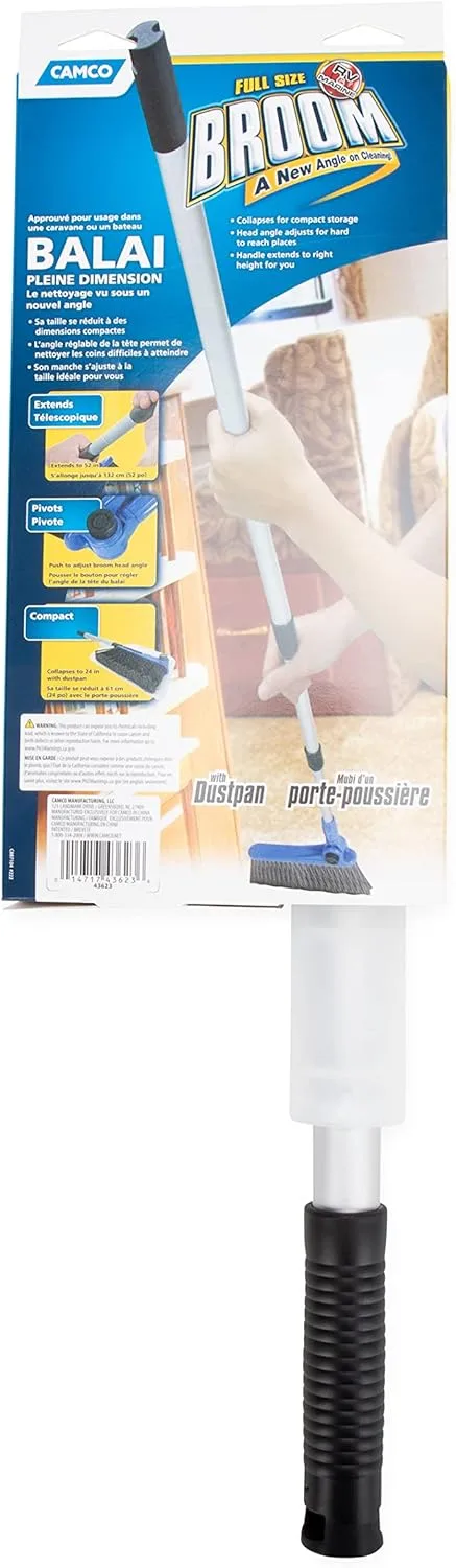 Camco 43623 Adjustable Broom and Dustpan, Adjusts From 24 Inches to 52 Inches, Ideal for RV, Marine, And Home Use