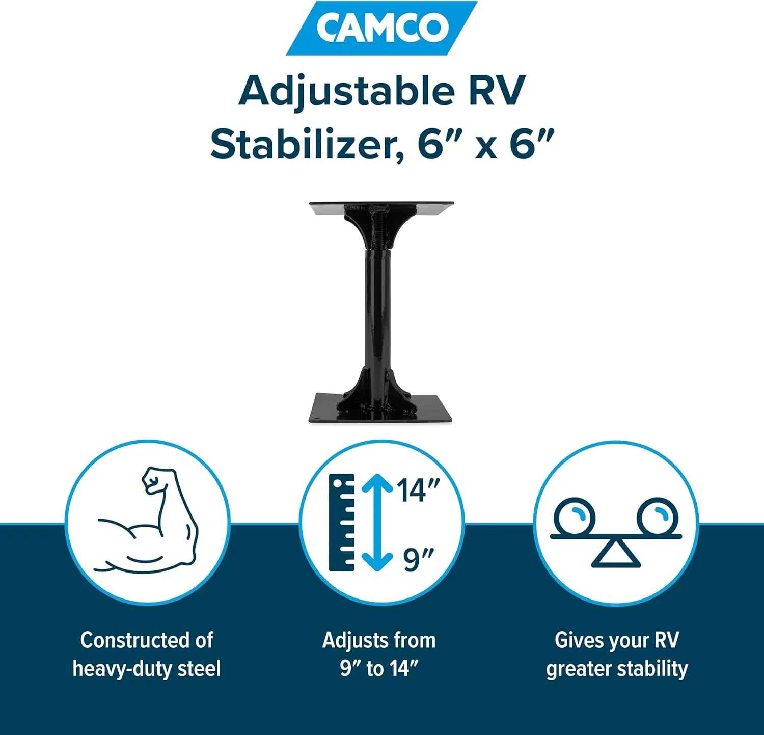 Camco Adjustable RV Stabilizer, 6-Inches x 6-Inches - Gives Your RV Greater Stability Under The Front or Rear (44531) One Size