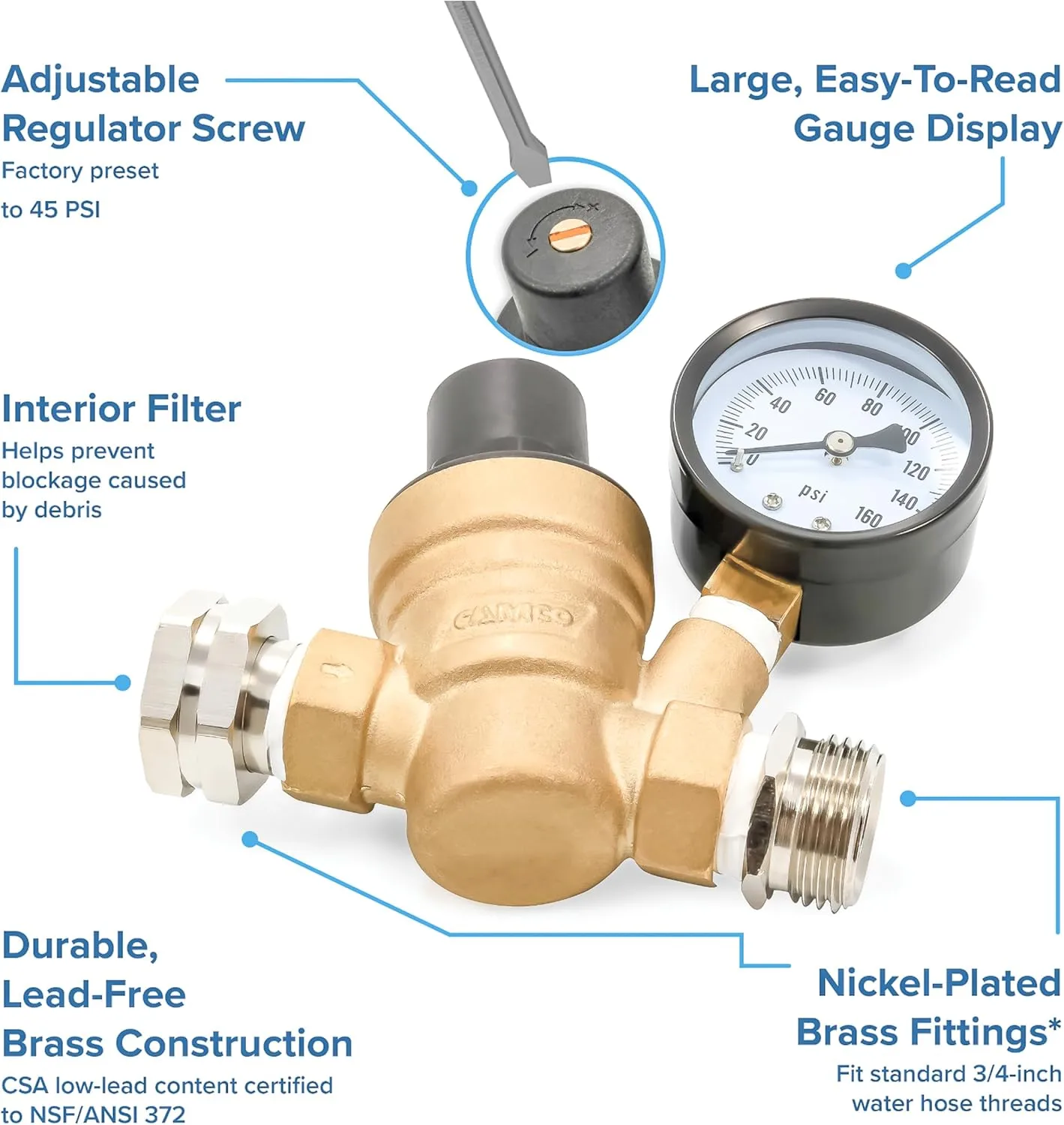 Camco Adjustable RV/Marine Brass Water Pressure Regulator | (40058)