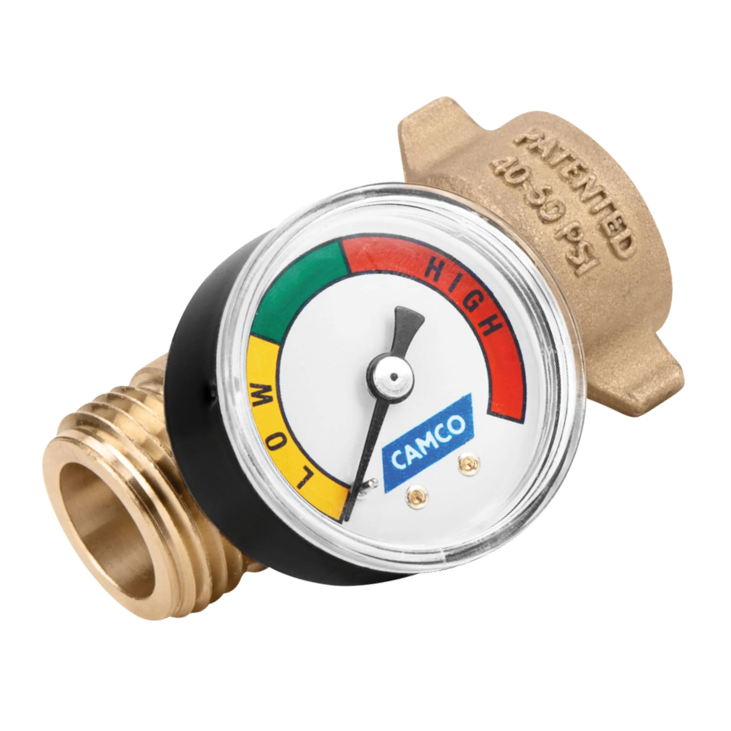 Camco Brass Water Pressure Regulator with Gauge- Helps Protect RV Plumbing and Hoses from High-Pressure City Water - Easy Read Gauge (40064) Water Pressure Regulator w/Gauge