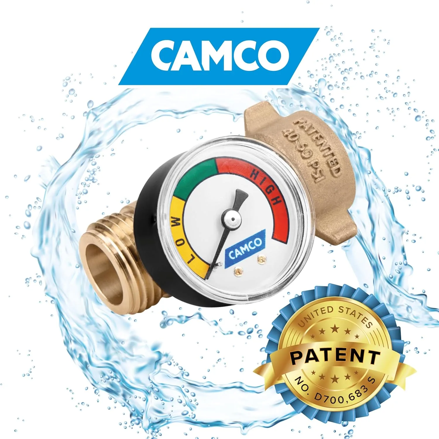 Camco Brass Water Pressure Regulator with Gauge- Helps Protect RV Plumbing and Hoses from High-Pressure City Water - Easy Read Gauge (40064) Water Pressure Regulator w/Gauge