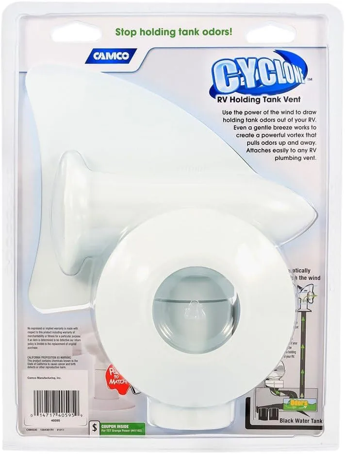 Camco Cyclone Rotating Sewer Plumbing Vent - Rids Odors from Your RV Holding Tank, Rotes 360 Degrees to Pull Odors Up and Away - White (40595)