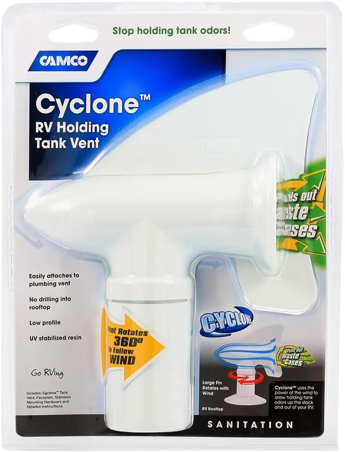 Camco Cyclone Rotating Sewer Plumbing Vent - Rids Odors from Your RV Holding Tank, Rotes 360 Degrees to Pull Odors Up and Away - White (40595)