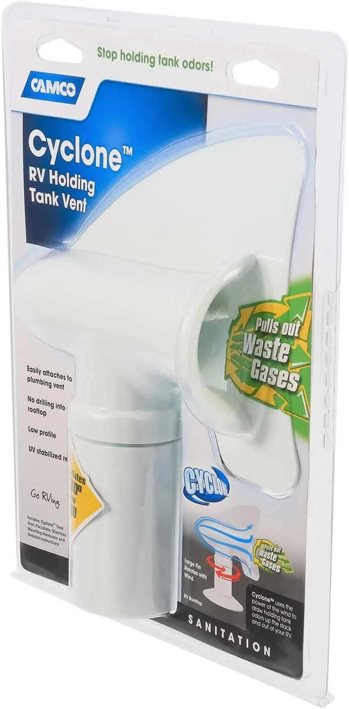 Camco Cyclone Rotating Sewer Plumbing Vent - Rids Odors from Your RV Holding Tank, Rotes 360 Degrees to Pull Odors Up and Away - White (40595)