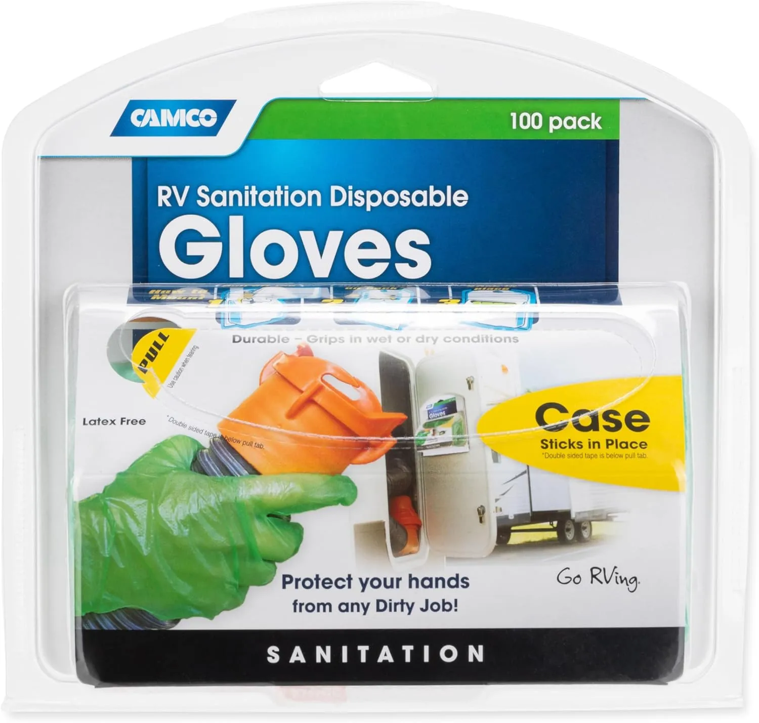 Camco Durable All Purpose RV and Camper Disposable Sanitation Gloves | Ideal in Wet or Dry Conditions | Green Non-Latex Gloves | 100 Pack (40285)