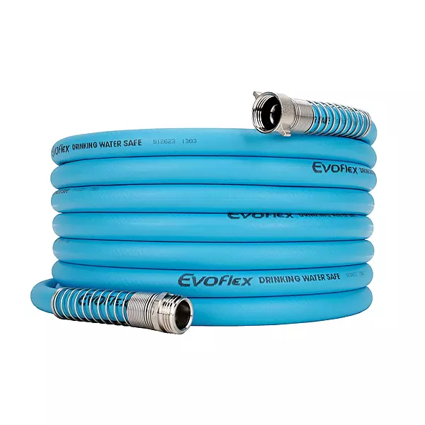 Camco EvoFlex 25-Foot Drinking Water Hose | Features an Extra Flexible Construction | Stainless Steel Strain Reliefs on Each