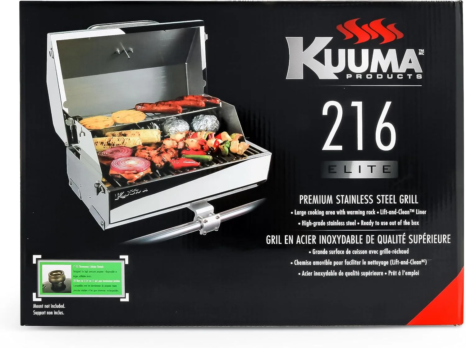 Camco Kuuma Stow N’Go 216 Elite Propane Grill | Features Built-In Thermometer & Push-Button Igniter | Includes Fold Away