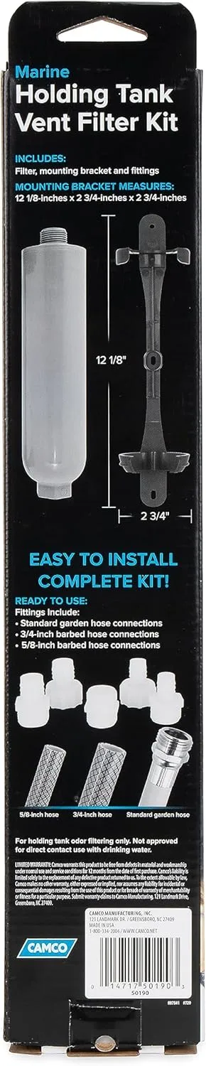 Camco Marine Holding Tank Vent Filter Kit | Easy Install | Features granular Activated Carbon (GAC) for Maximum Odor Control
