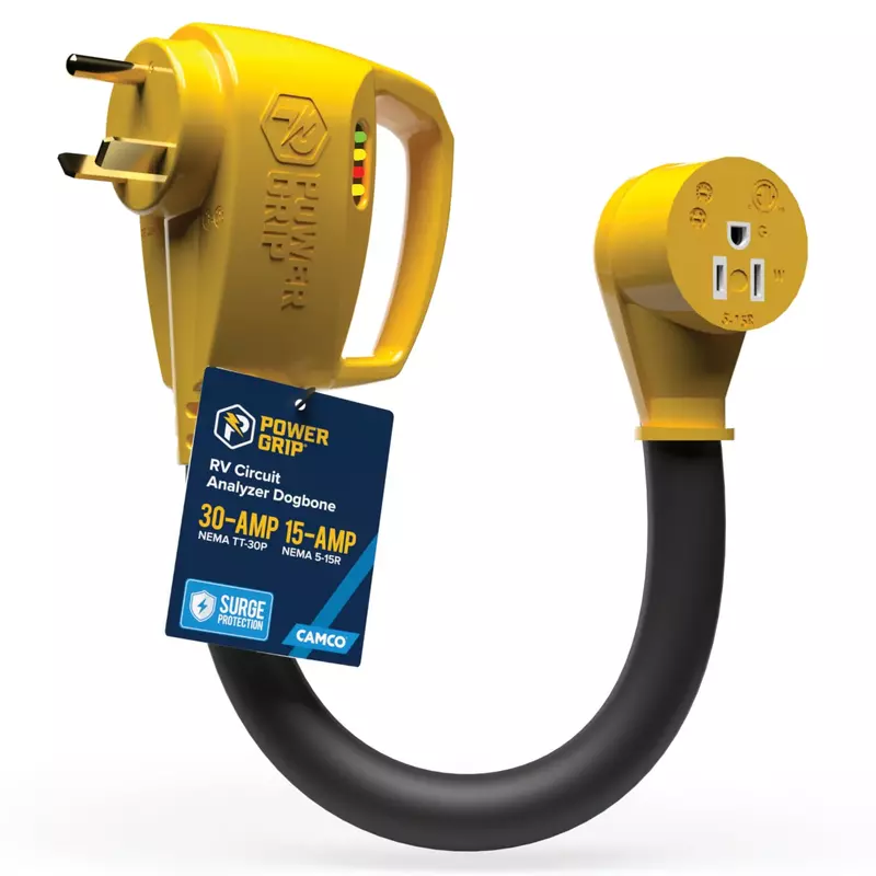 Camco Power Grip RV 12" 30-Amp Circuit Analyzer Dogbone - Features Integrated Surge Protection & Fault Indication, 12"