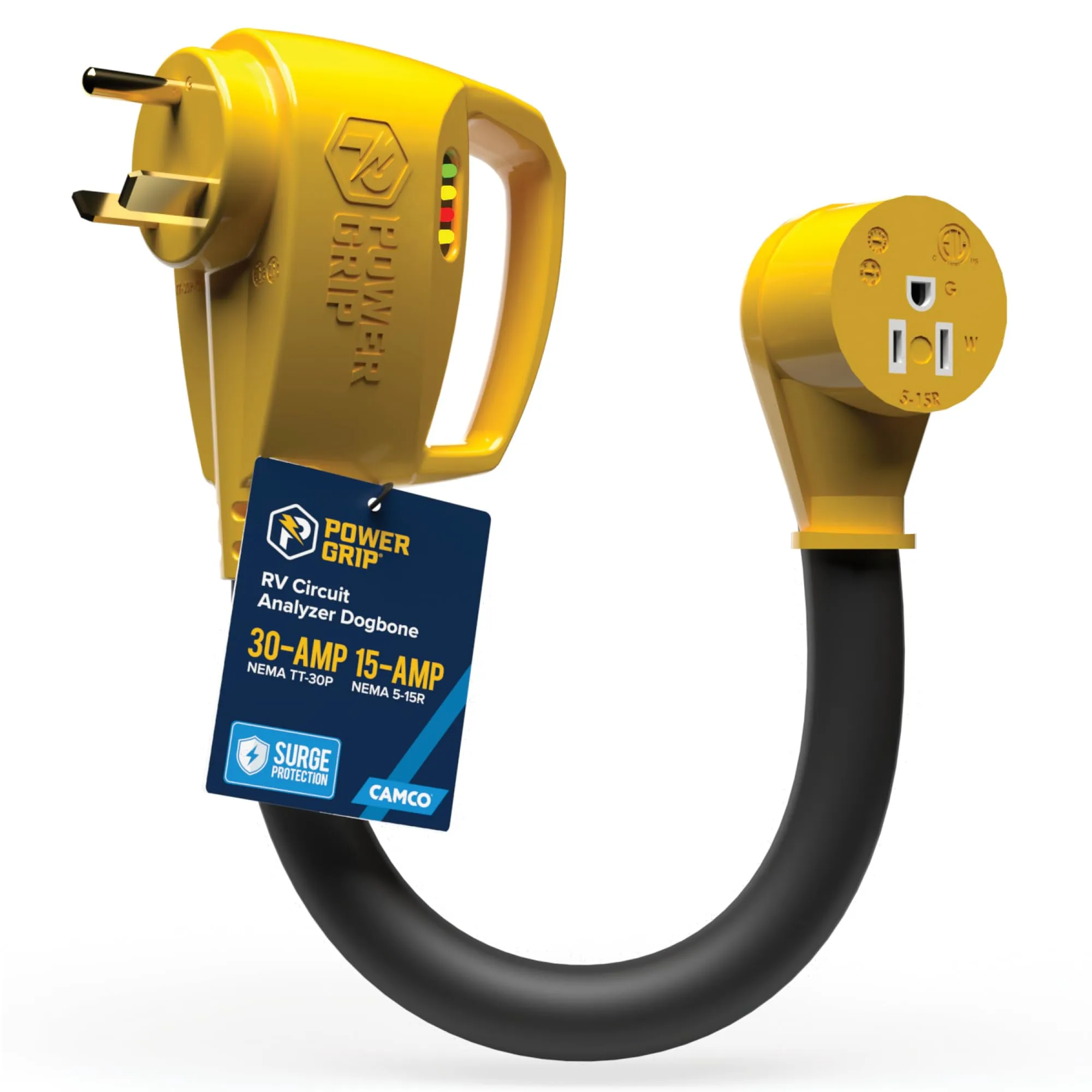 Camco Power Grip RV 12" 30-Amp Circuit Analyzer Dogbone - Features Integrated Surge Protection & Fault Indication, 12"