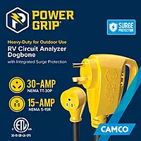 Camco Power Grip RV 12" 30-Amp Circuit Analyzer Dogbone - Features Integrated Surge Protection & Fault Indication, 12"