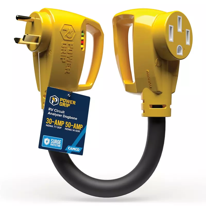 Camco Power Grip RV 18" 30-Amp Circuit Analyzer Dogbone - Features Integrated Surge Protection & Fault Indication, 18"