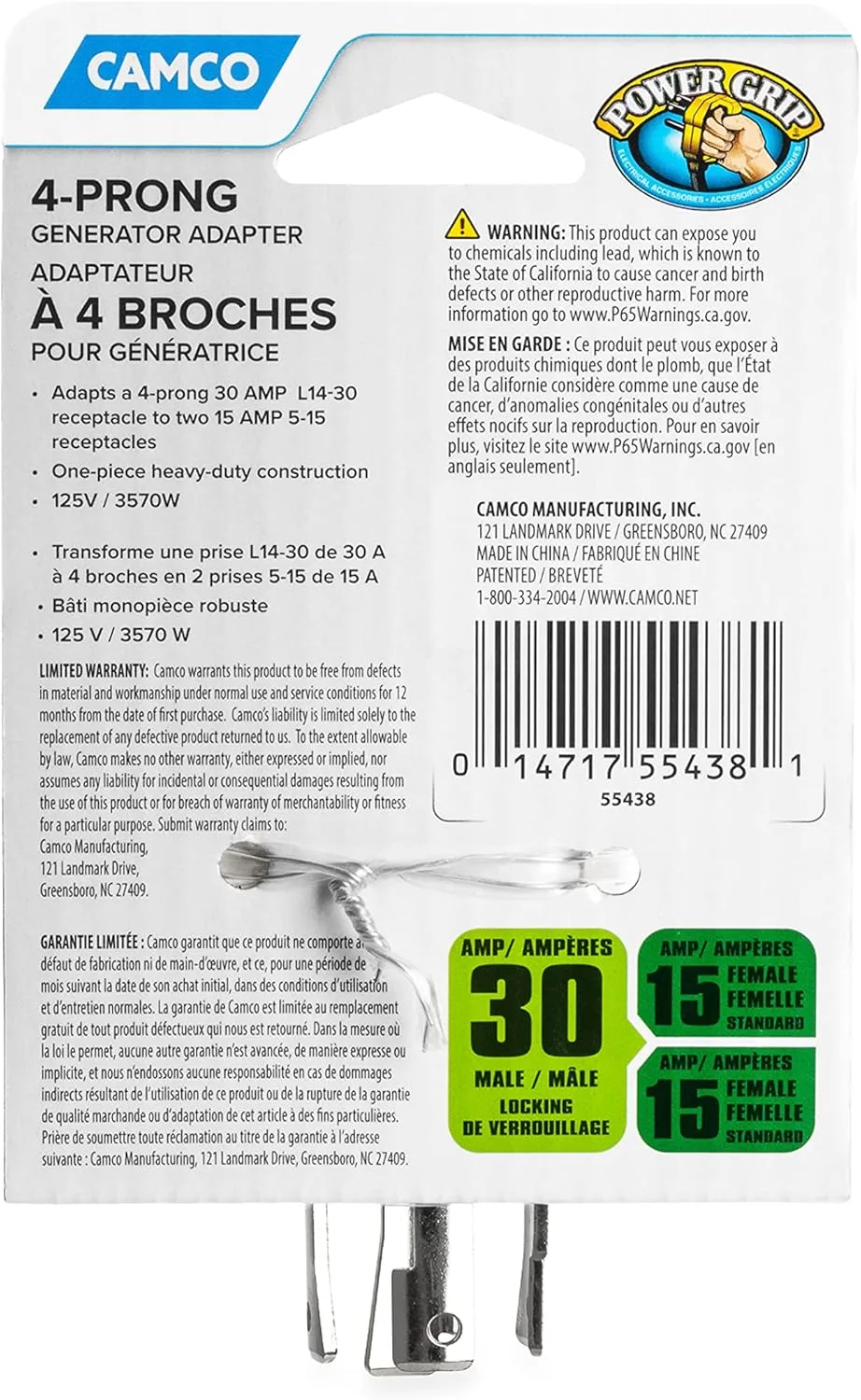 Camco 55438 PowerGrip 4-Prong Generator Adapter (30M/2 x 15F)