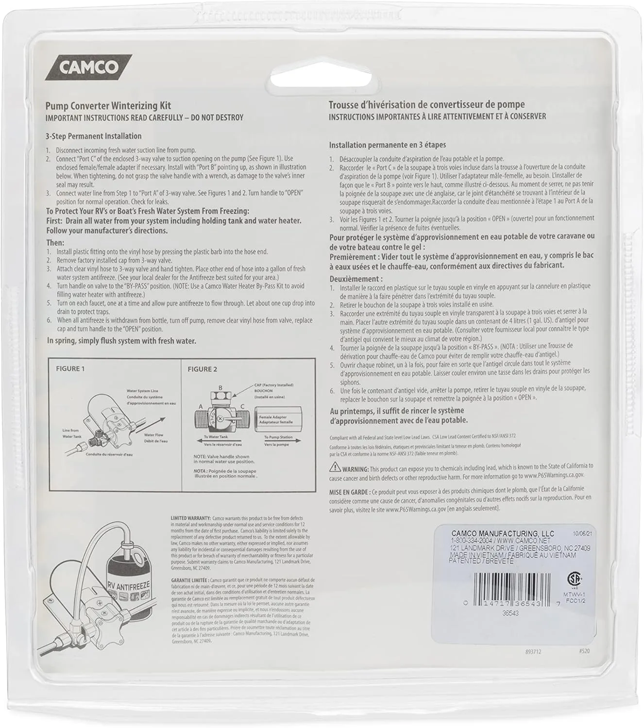 Camco Pump Converter Winterizing Kit for RV/Boat, Model 36543