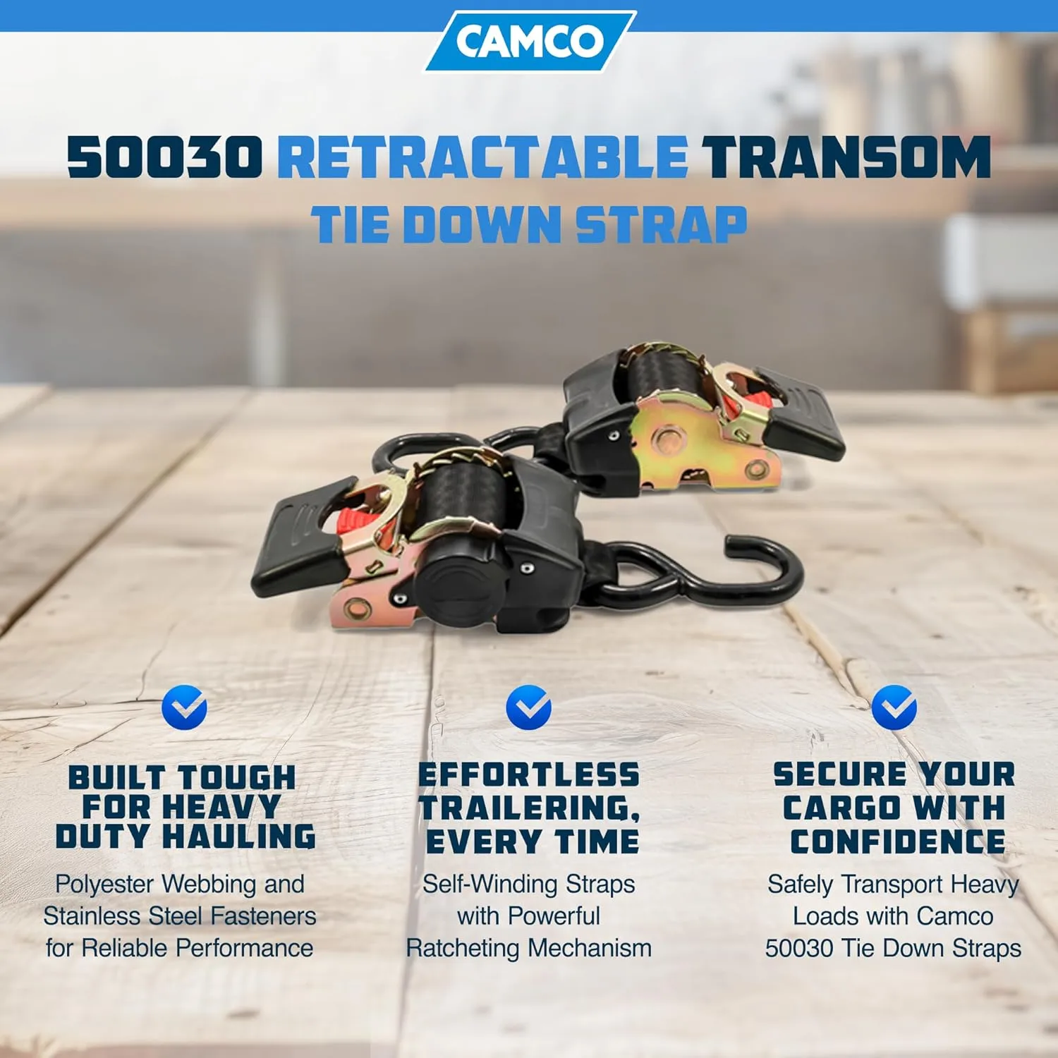 Camco Retractable Transom Tie Down Strap - 2" x 5.5', Bolt-On (2-Pack)