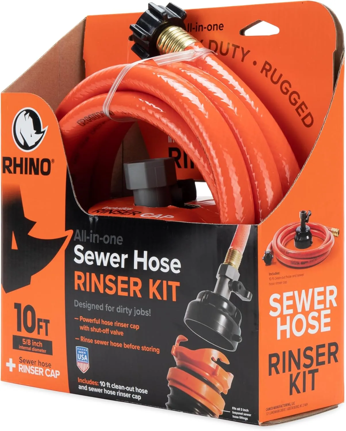 Camco RhinoFlex 10-Ft RV Clean-Out Gray/Black Water Hose with Rinser Cap | Features 4-Way Water Pressure Blaster & Water