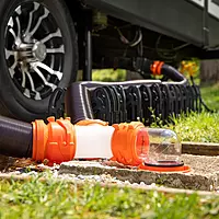 Camco 39736, RhinoFlex Clear RV Sewer Hose Elbow with 4-in-1 Adapter | Features a 360-Degree Fitting Rotation and Built-in