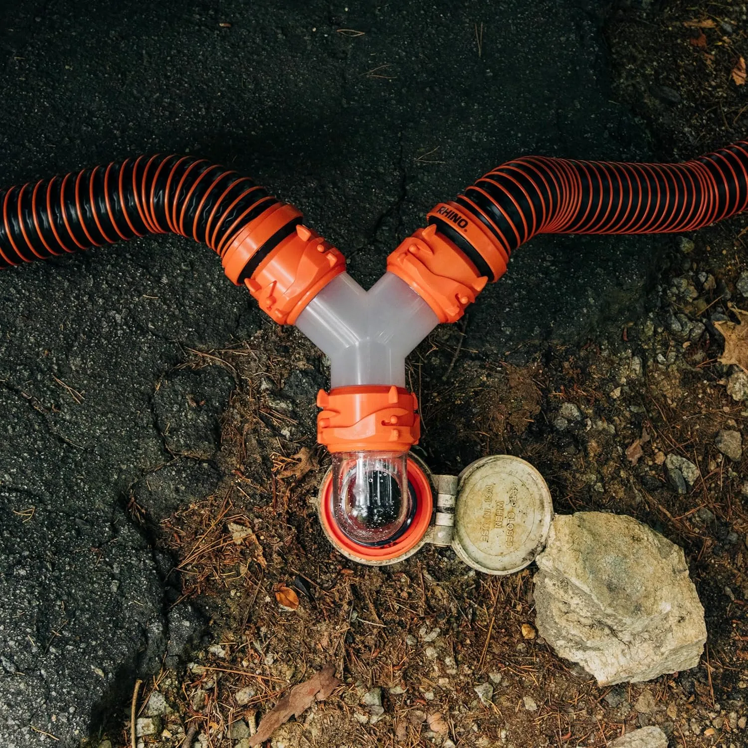 Camco 39736, RhinoFlex Clear RV Sewer Hose Elbow with 4-in-1 Adapter | Features a 360-Degree Fitting Rotation and Built-in