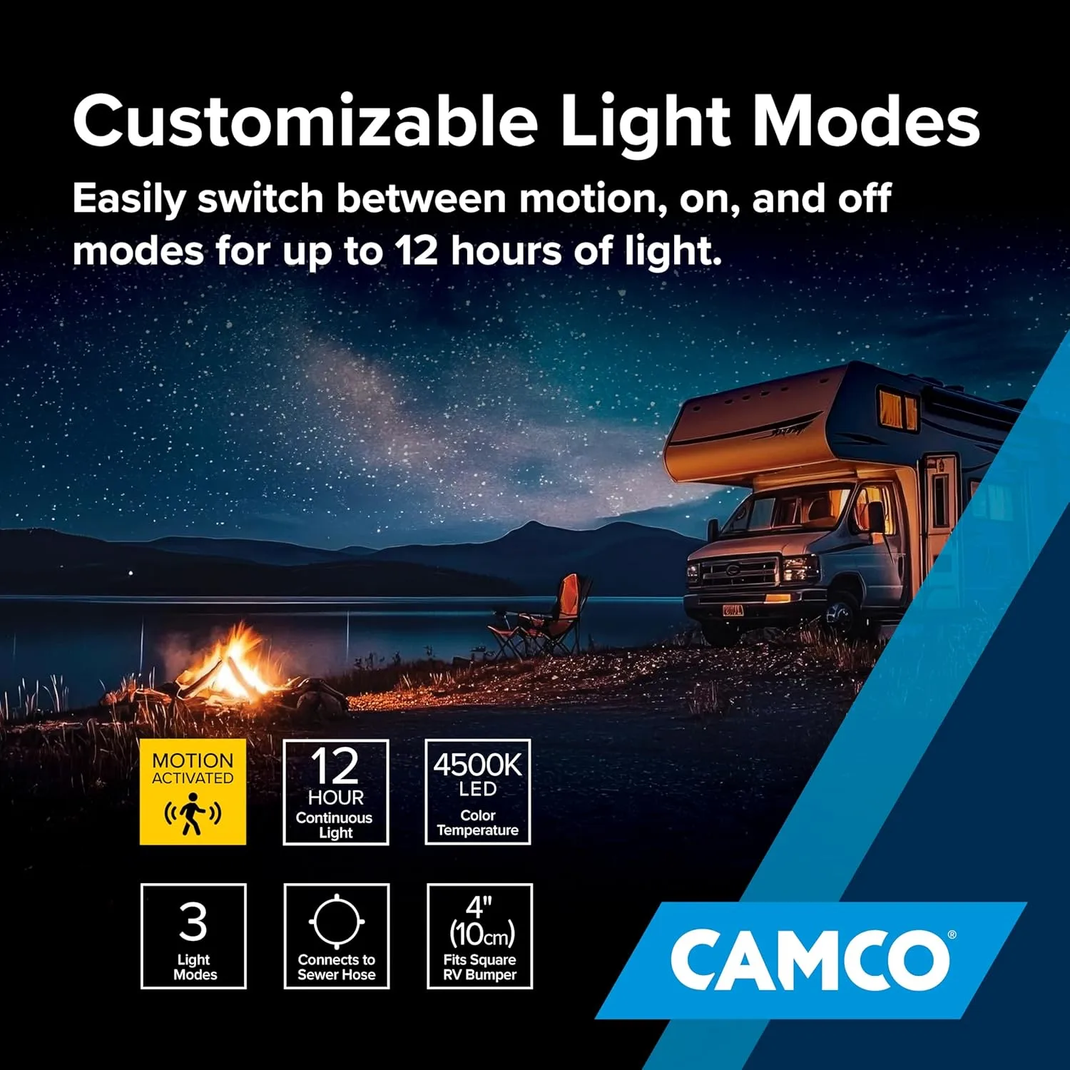 Camco RV Bumper Cap Solar Light — Motion-Activated Lighting – Fits 4" Square RV Bumpers (40332)