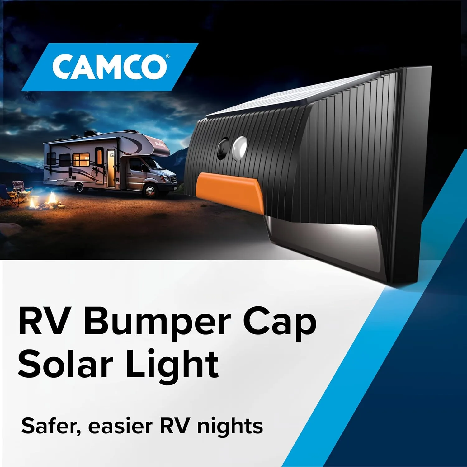 Camco RV Bumper Cap Solar Light — Motion-Activated Lighting – Fits 4" Square RV Bumpers (40332)