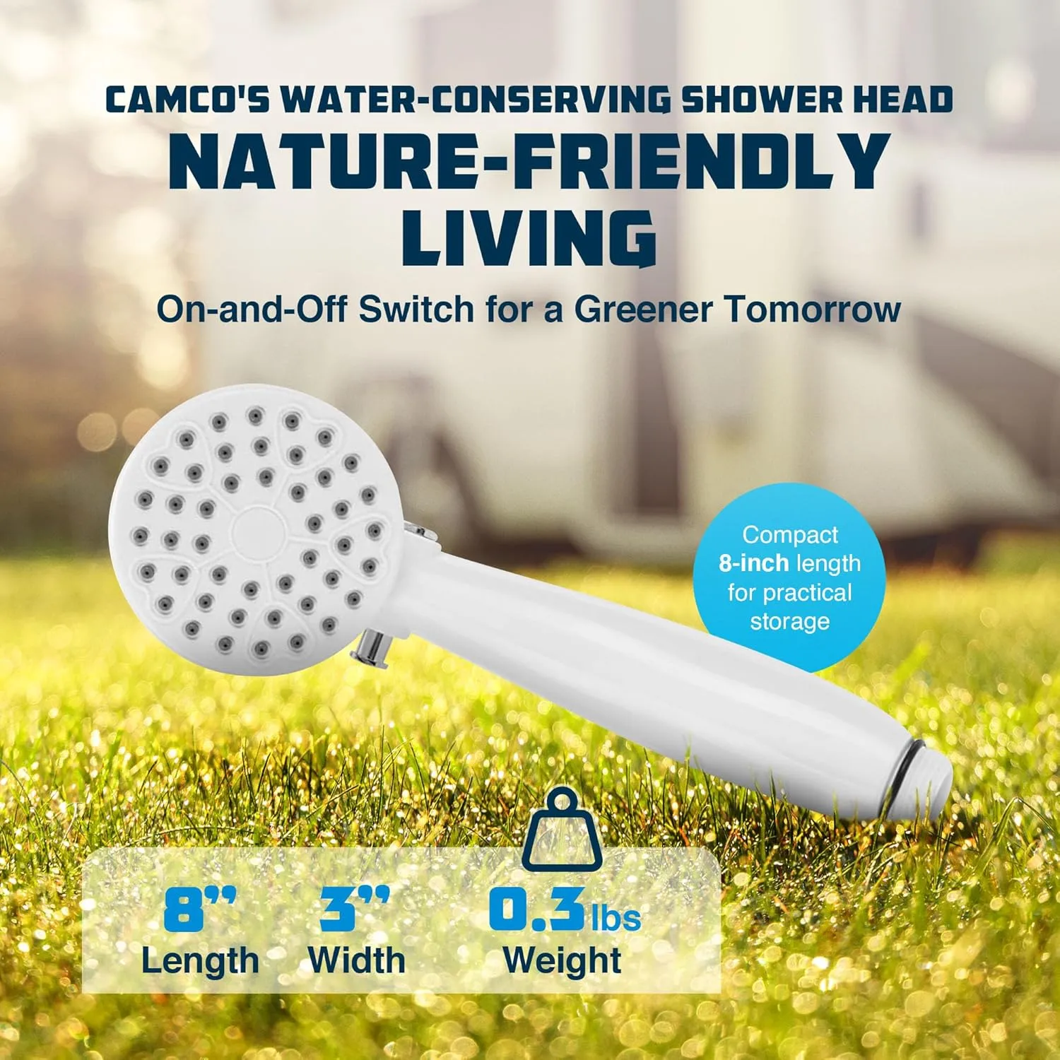 Camco RV Outdoor Shower Head with On/Off Switch, High Flow, White (44023)