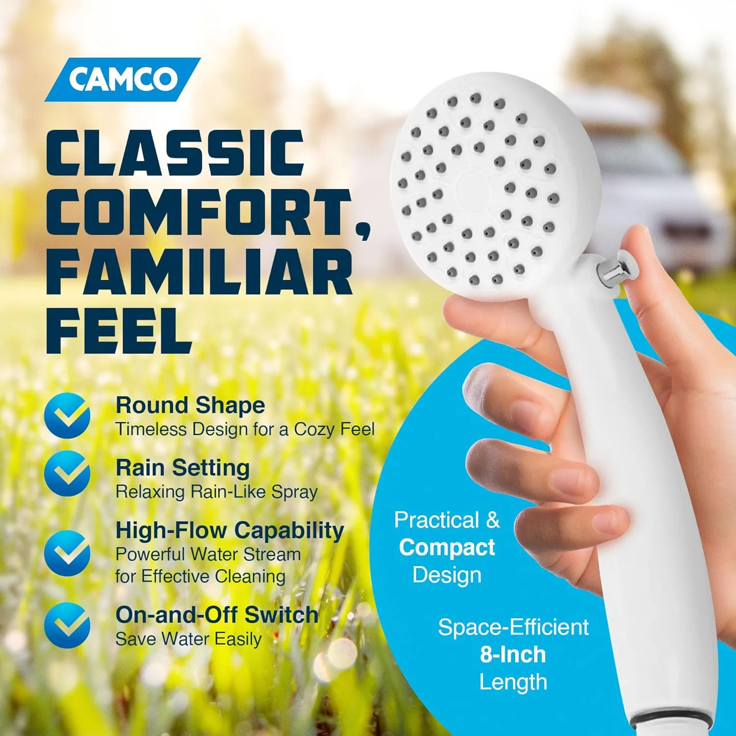 Camco RV Outdoor Shower Head with On/Off Switch, High Flow, White (44023)