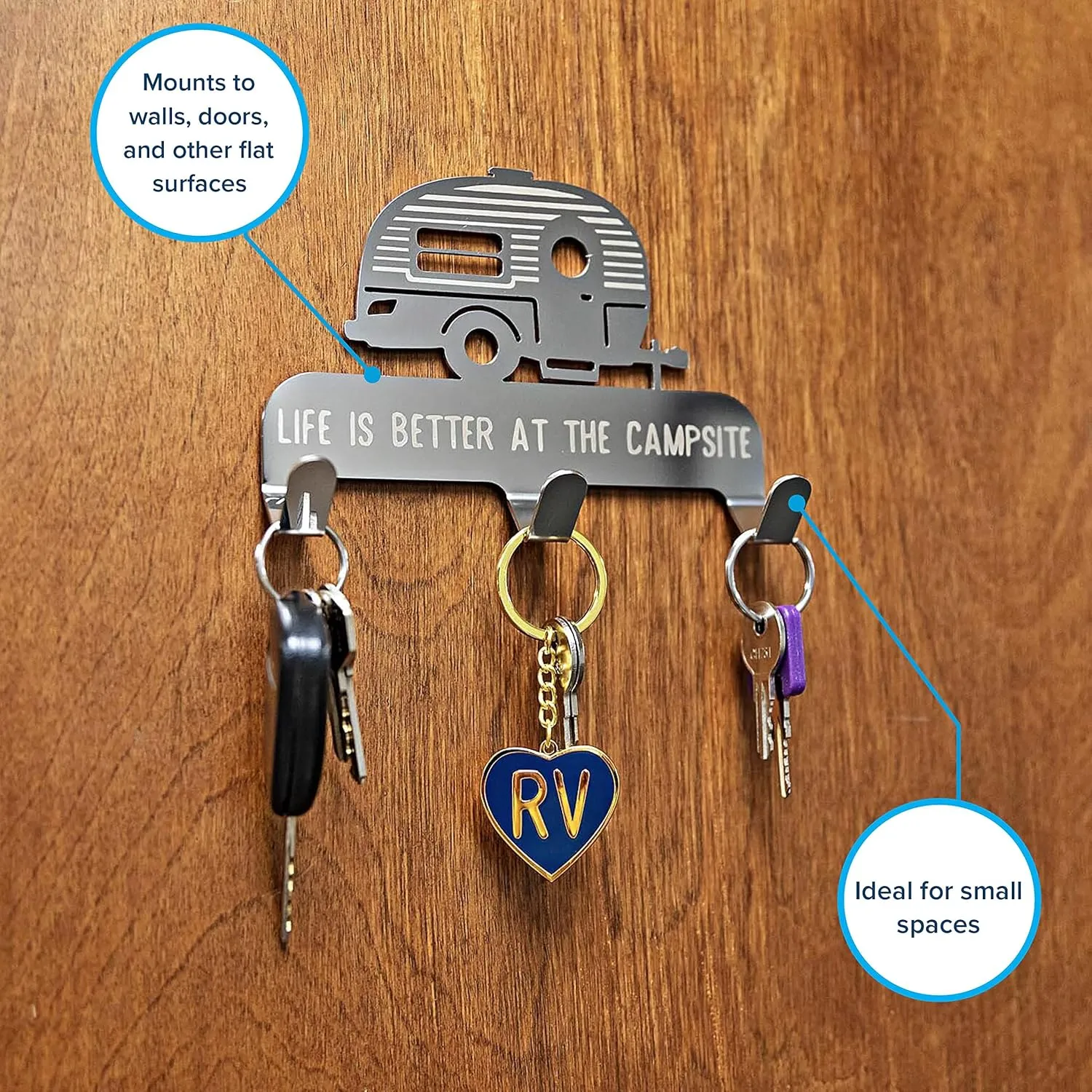Camco Life is Better at the Campsite Stick-On 3-Hook Key/Leash Hanger | Ideal for Small Spaces | Made of Durable Stainless Steel | (53368) One Size