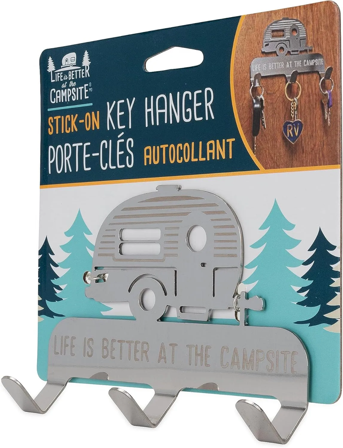 Camco Life is Better at the Campsite Stick-On 3-Hook Key/Leash Hanger | Ideal for Small Spaces | Made of Durable Stainless Steel | (53368) One Size