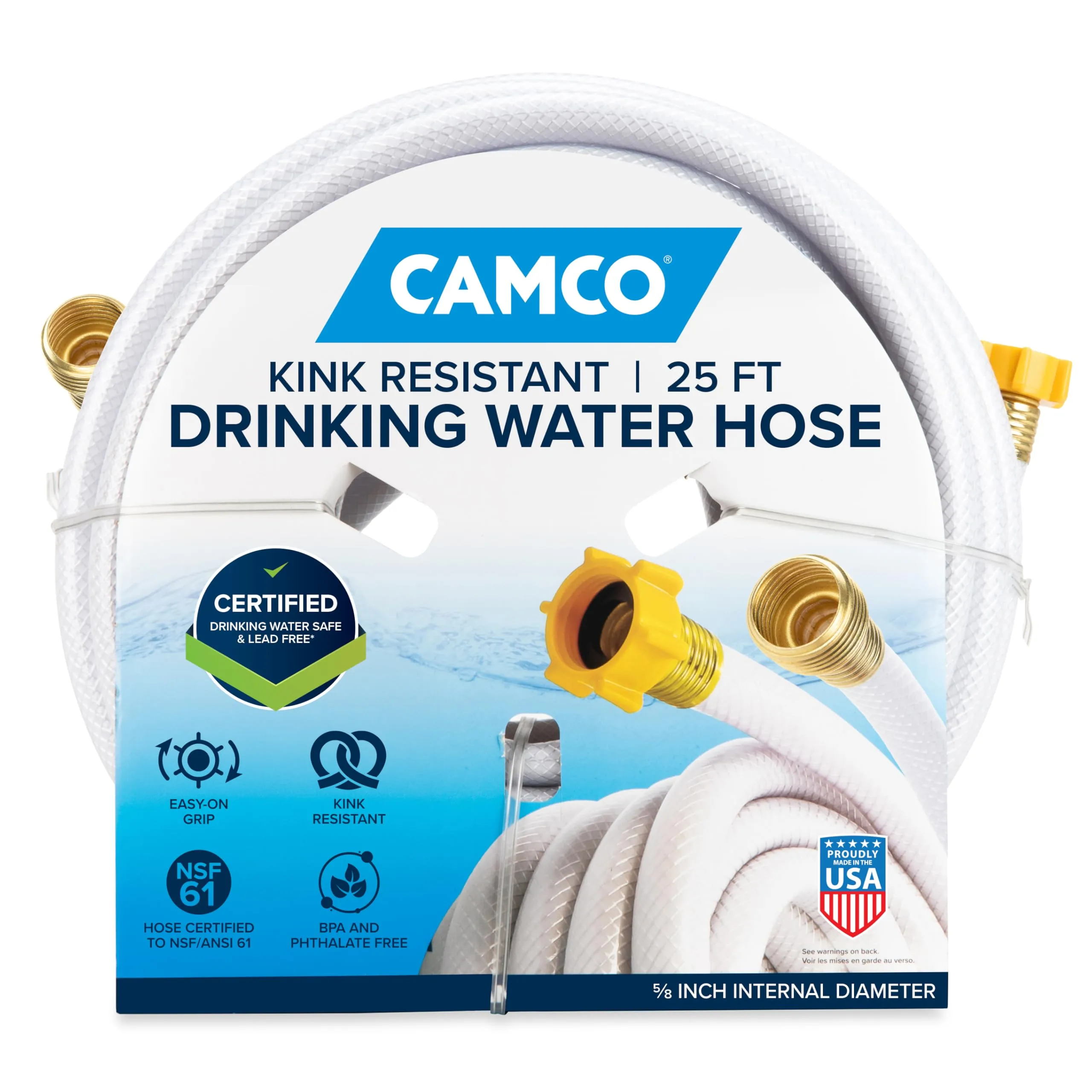 Camco TastePURE 25-Ft Water Hose - RV Drinking Water Hose Contains No Lead, No BPA & No Phthalate - Features Diamond-Hatch Reinforced PVC Design - 5/8” Inside Diameter, Made in the USA (22783) 25-Foot