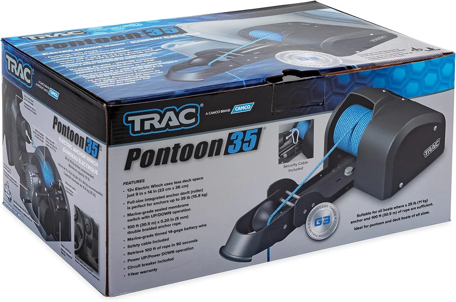 Camco TRAC Outdoors Pontoon 35-G3 Electric Anchor Winch | Features a High-Efficiency, 12-Volt DC