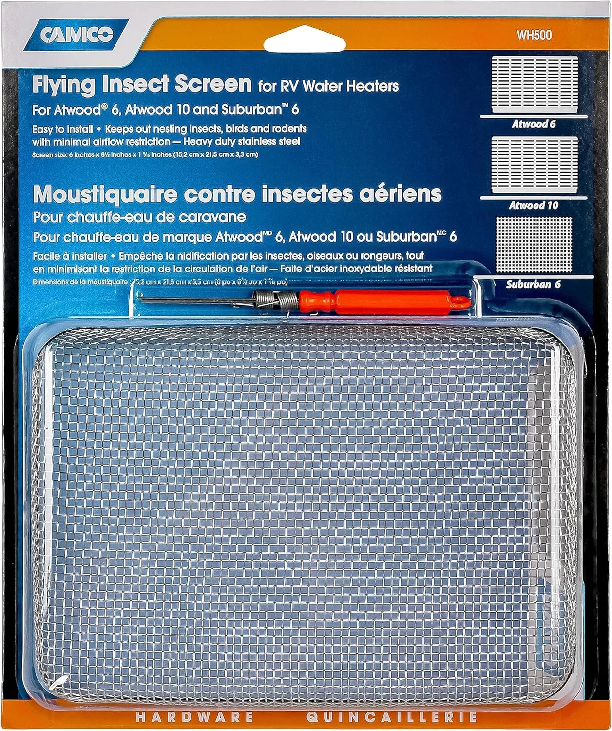 Camco Flying Insect Screen WH 500 (42145) – Stainless Steel Mesh, 6 x 8.5 x 1.3 in, White