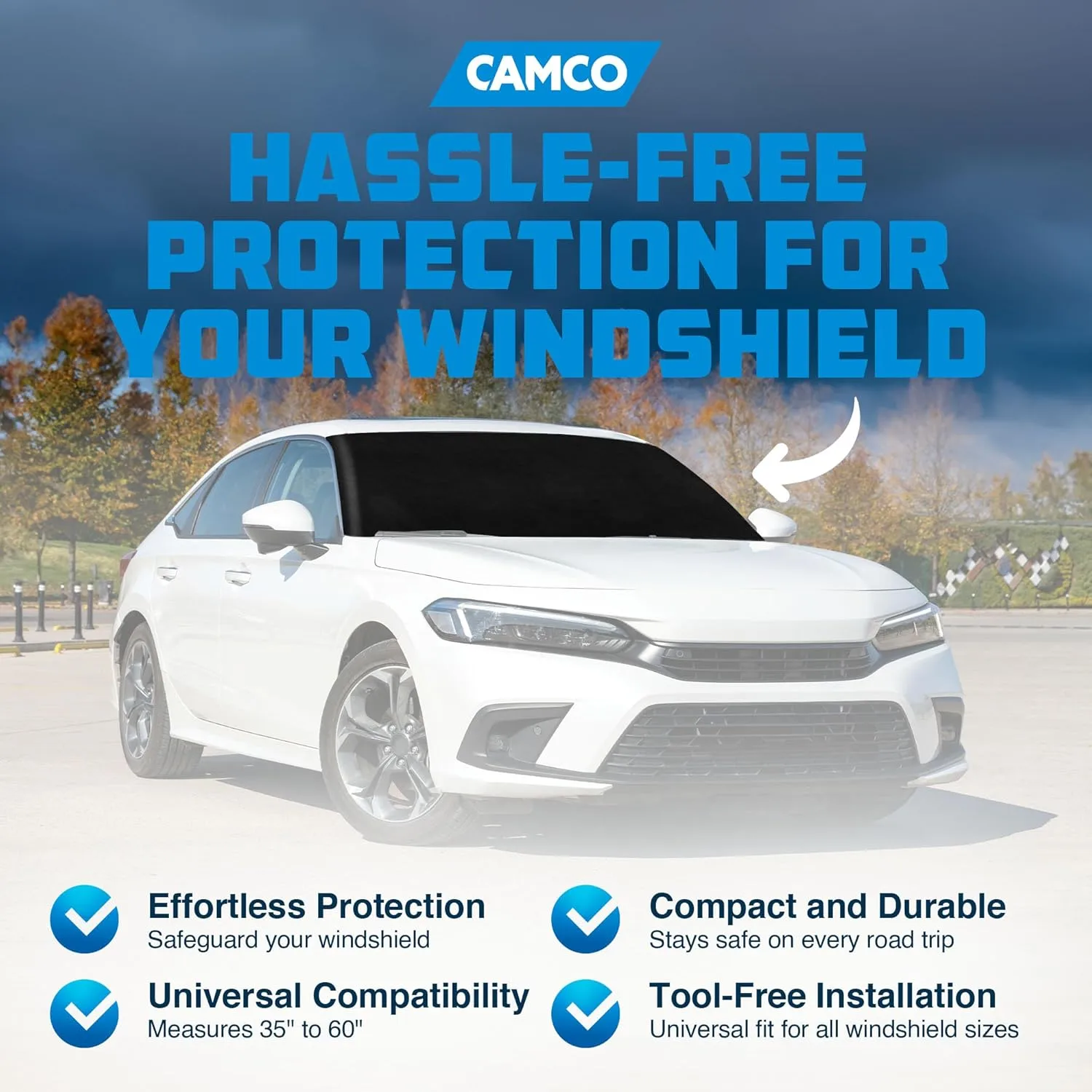 Camco Durable Compact Universal On the Go Vinyl RV Tow Car Windshield Protector from Chips and Cracks with Tool Free Installation, Black