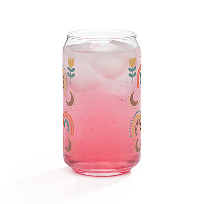 Cute Boho Can-Shaped Glass with Bamboo Lid & Glass Straw – 16 oz