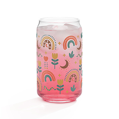 Cute Boho Can-Shaped Glass with Bamboo Lid & Glass Straw – 16 oz
