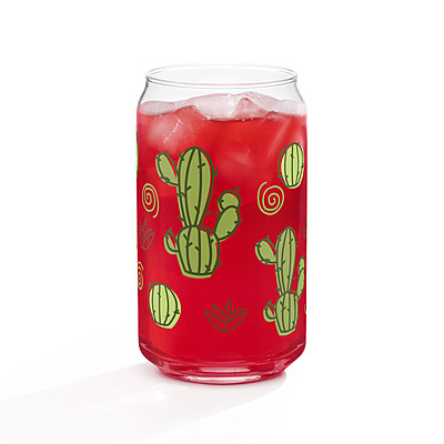 Cute Cactus & Succulent Can-Shaped Glass with Bamboo Lid & Straw – 16 oz