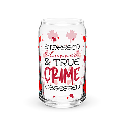 Stressed, Blessed & True Crime Obsessed Can-Shaped Glass with Bamboo Lid & Straw – 16 oz