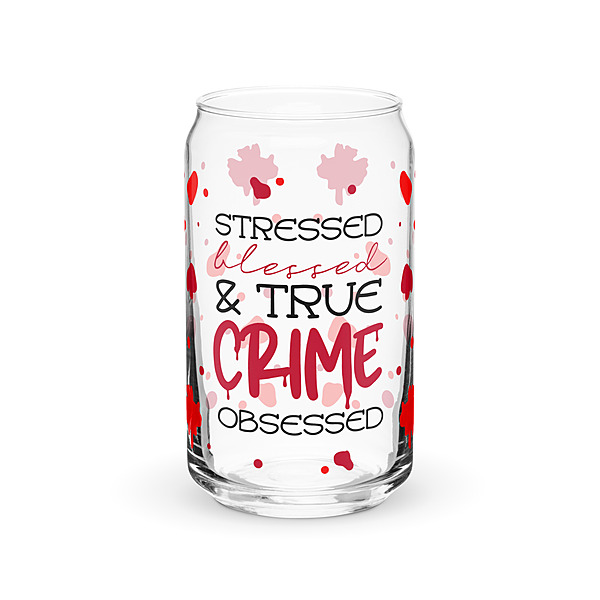 Stressed, Blessed & True Crime Obsessed Can-Shaped Glass with Bamboo Lid & Straw – 16 oz