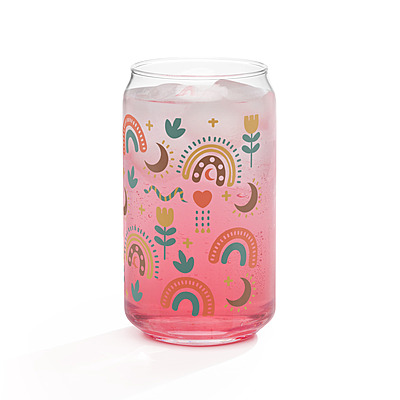 Cute Boho Can-Shaped Glass with Bamboo Lid & Glass Straw – 16 oz