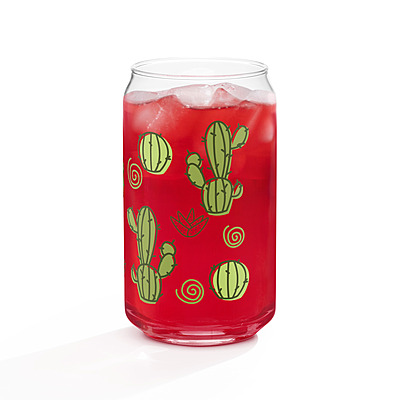 Cute Cactus & Succulent Can-Shaped Glass with Bamboo Lid & Straw – 16 oz